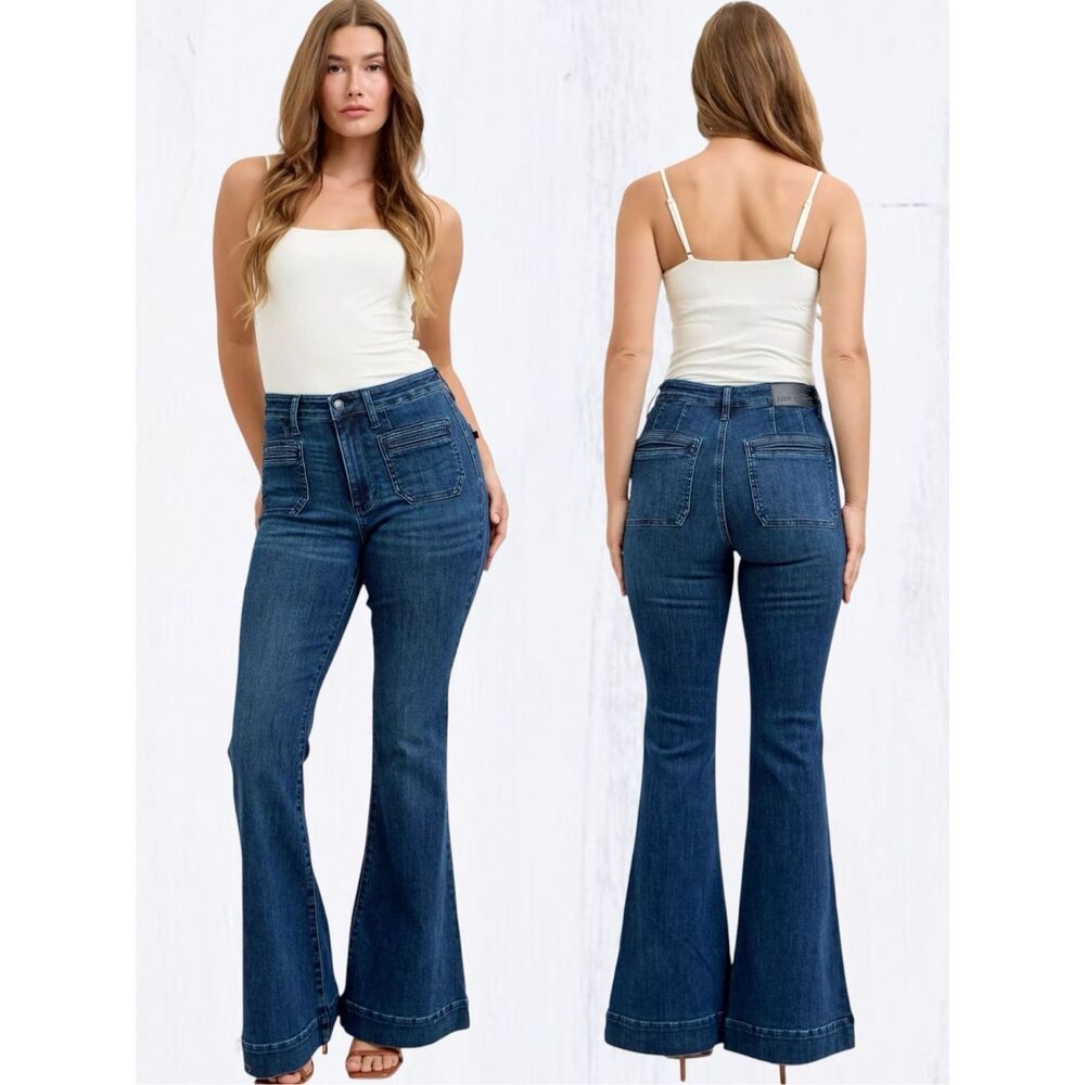 Judy Blue High Rise Flare Jeans Dark Wash Tummy Control Stretch Patch Pocket NEW - Picture 10 of 11